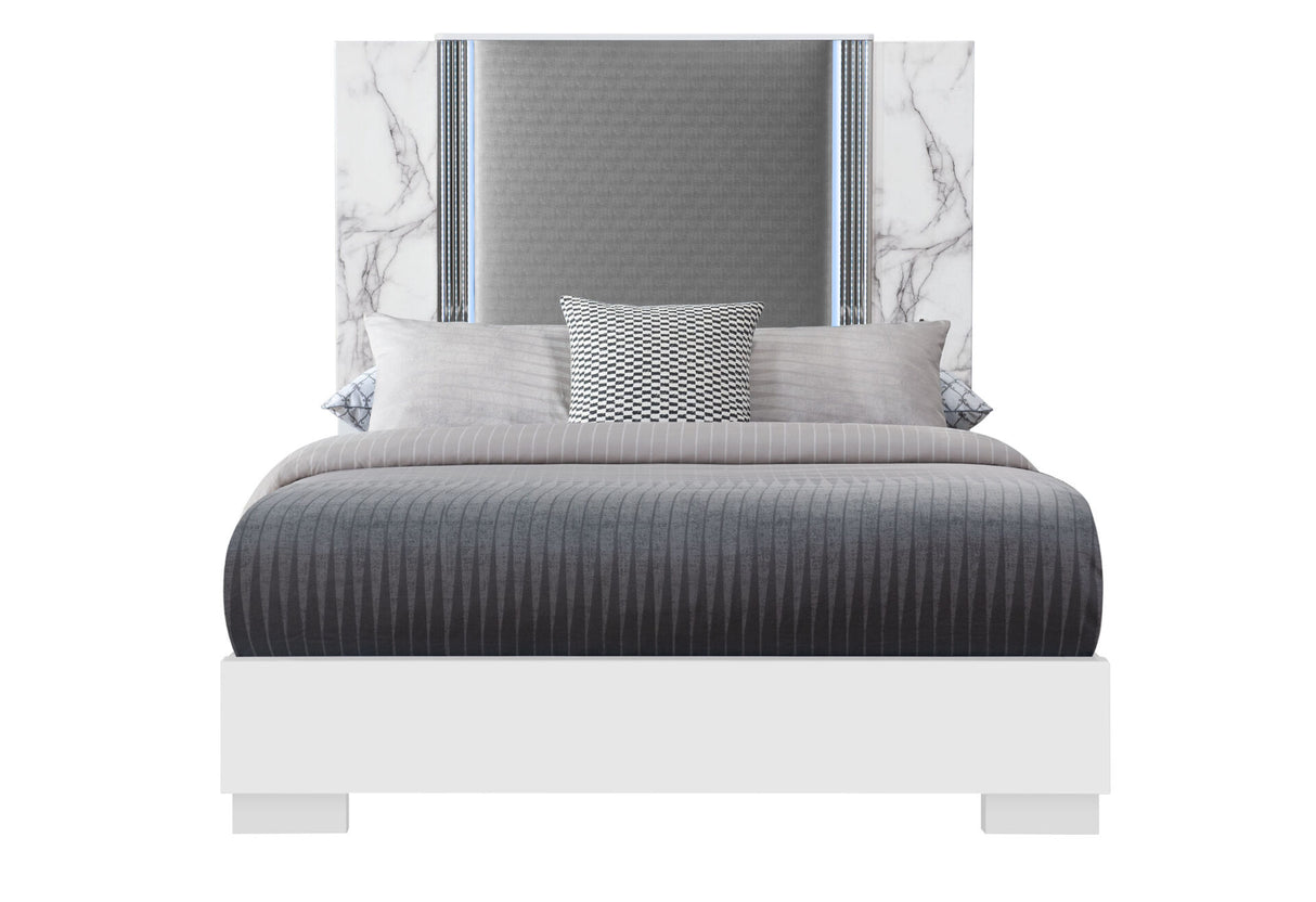 Ylime White Marble Queen Bed with LED