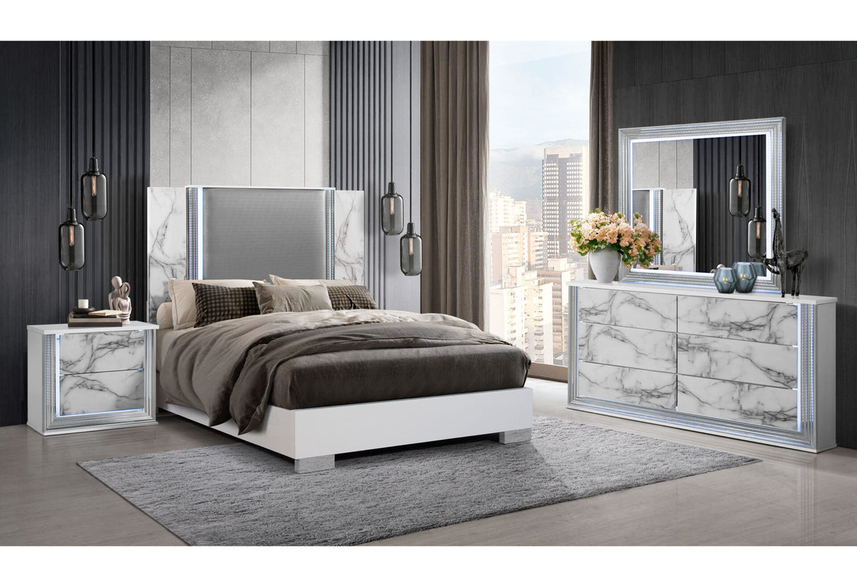 Ylime White Marble Queen Bed with LED