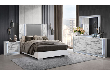 Ylime White Marble Queen Bed with LED