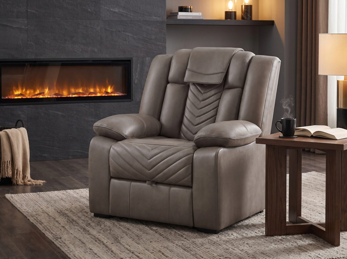 Zen Grey Faux Leather Power Recliner with Massage Back & Kneading Foot Massage
